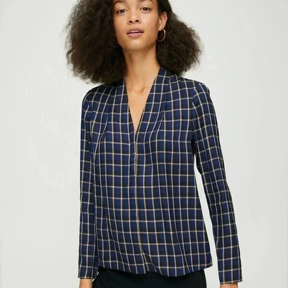 Babaton Tops - ARITZIA Babaton Power  Blouse Checkered Long Sleeve Navy Plaid Blouse Size Small